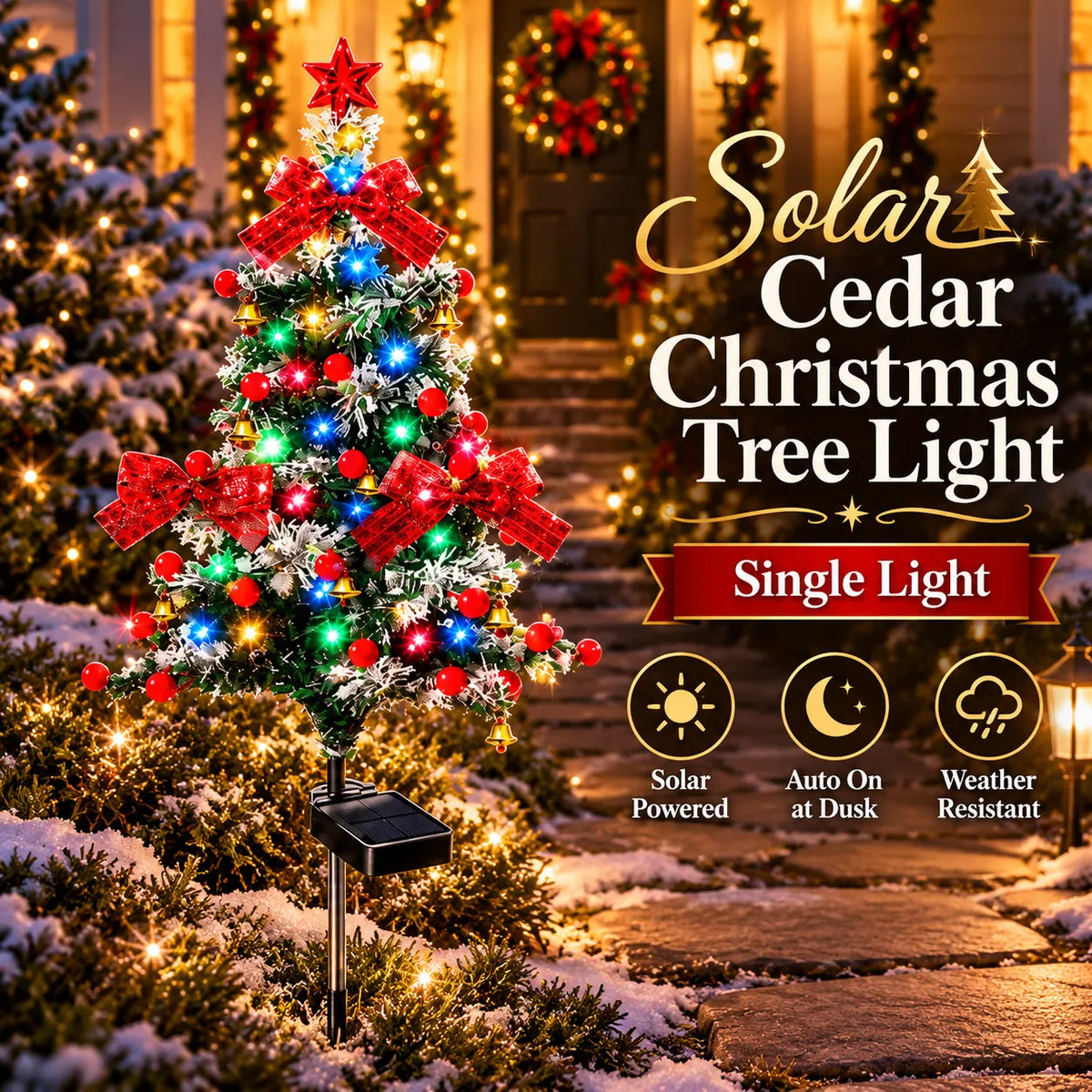 Solar cedar Christmas tree lights glowing beside a snowy courtyard walkway
