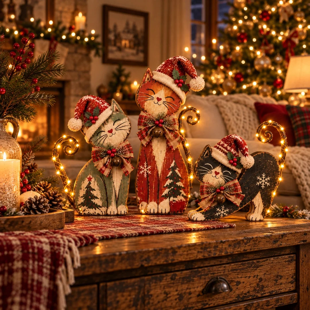 Vintage Lighted Christmas Cat Trio