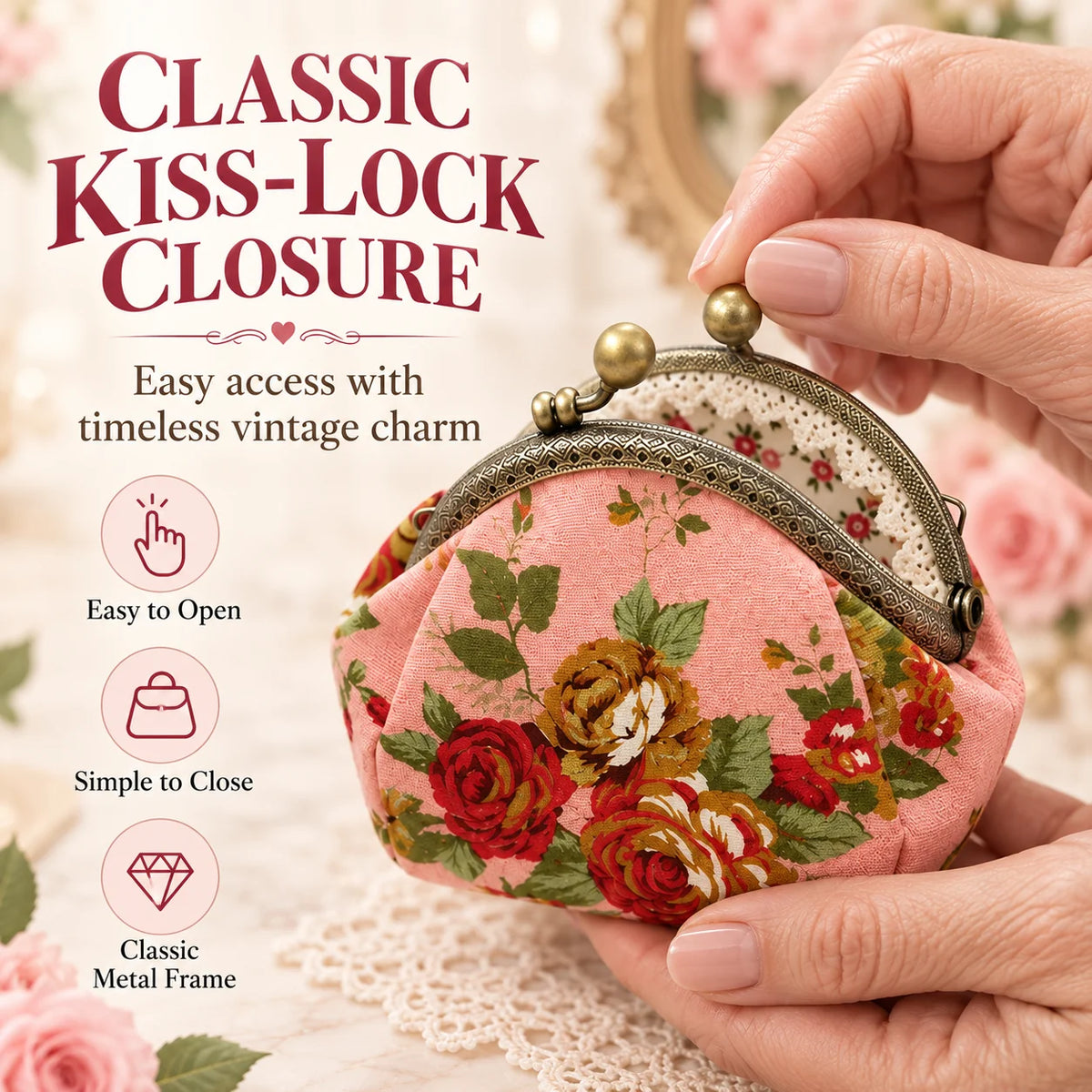 Vintage Floral Kiss-Lock Coin Purse – Compact Pouch for Cards, Coins, Keys & Small Essentials