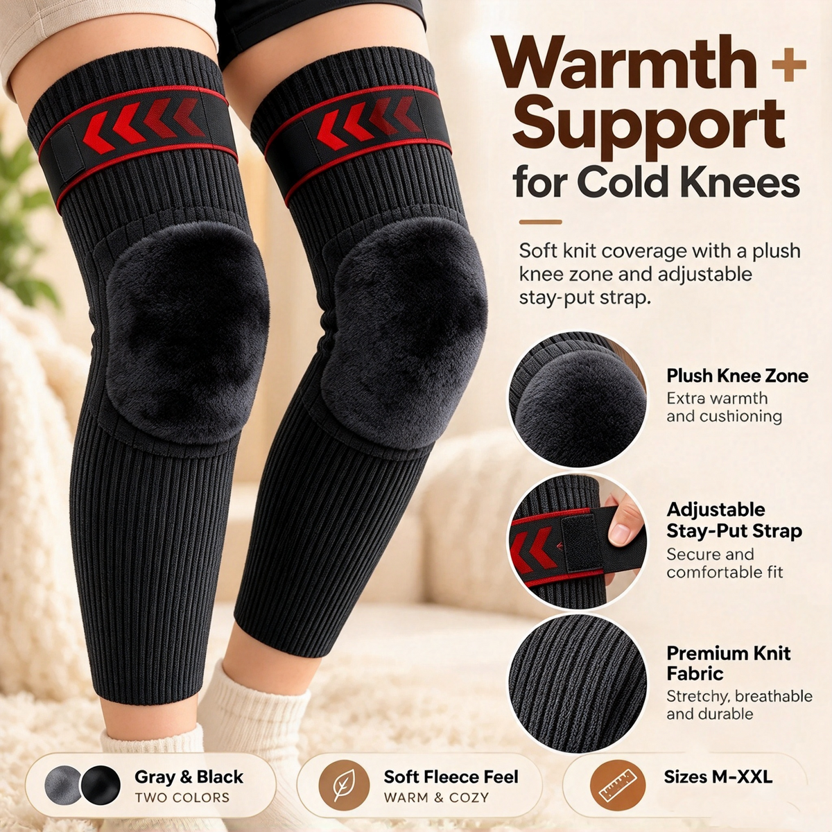 ☁️🧶Fleece-Lined Thermal Knee Warmers with Adjustable Stay-Put Strap