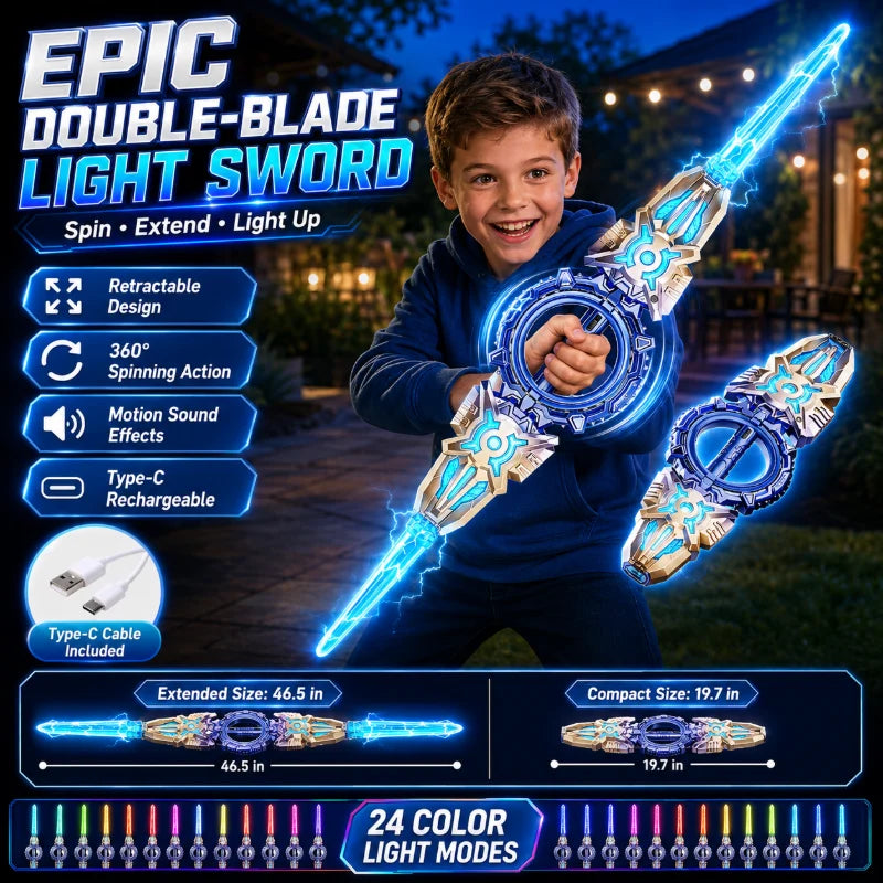 360° Spinning Double-Blade LED Sword | Rechargeable Light-Up Toy