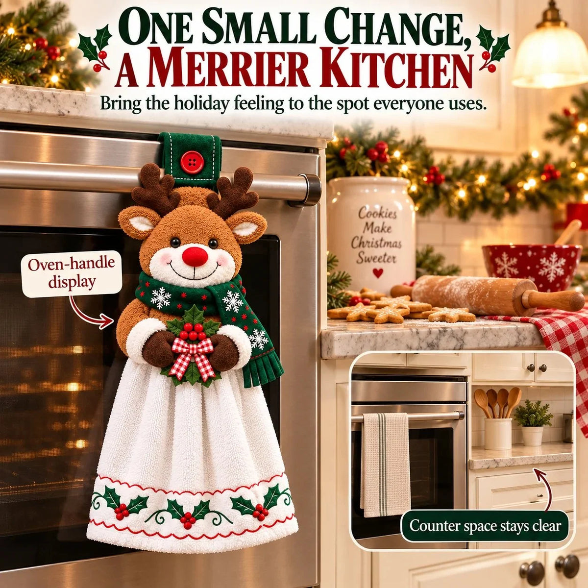 🎄 Christmas Hanging Hand Towel | Button-On Loop Keeps It Within Reach