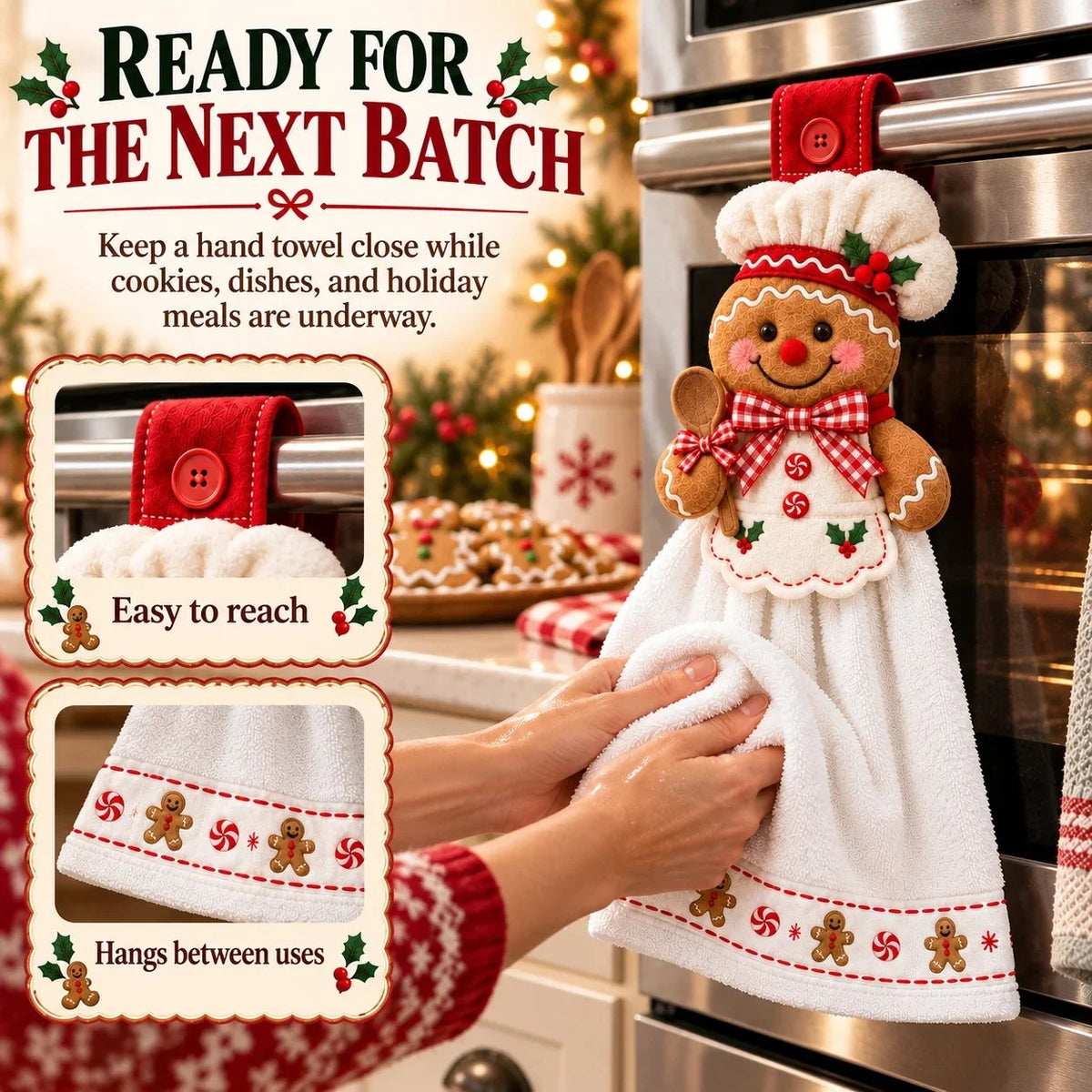 🎄 Christmas Hanging Hand Towel | Button-On Loop Keeps It Within Reach