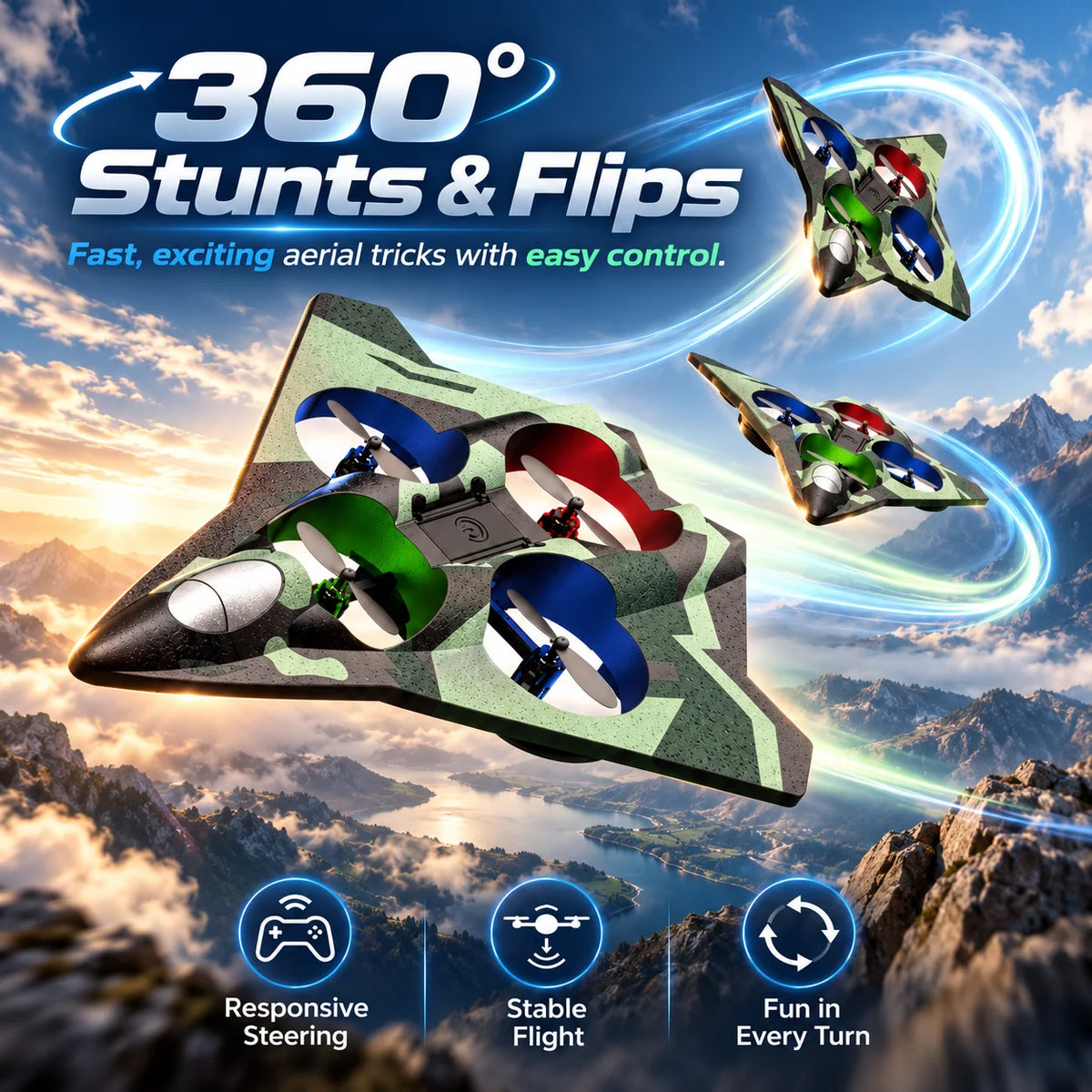 🚀 Stealth RC Hover Jet – 360° Stunts & Stable Flight