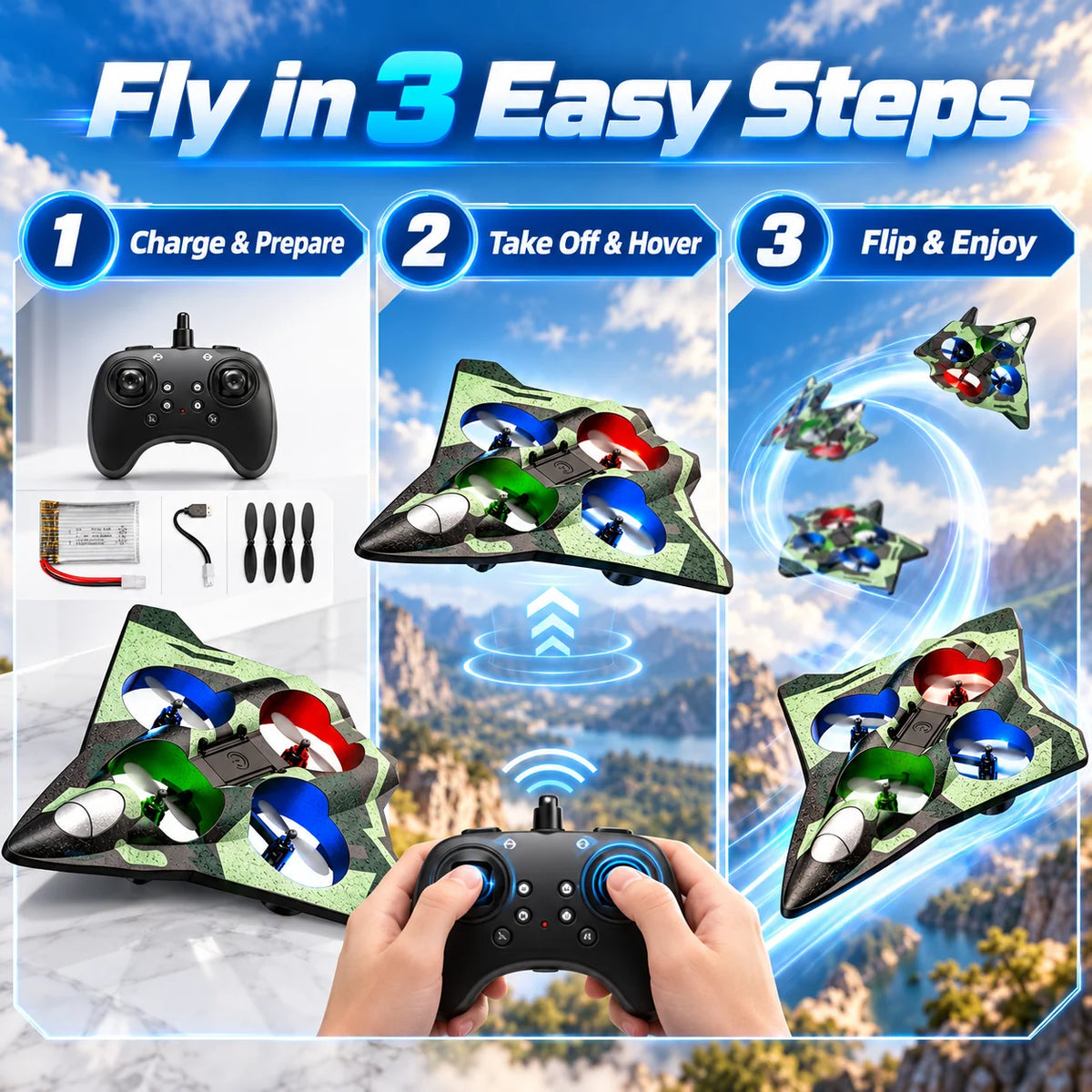 🚀 Stealth RC Hover Jet – 360° Stunts & Stable Flight