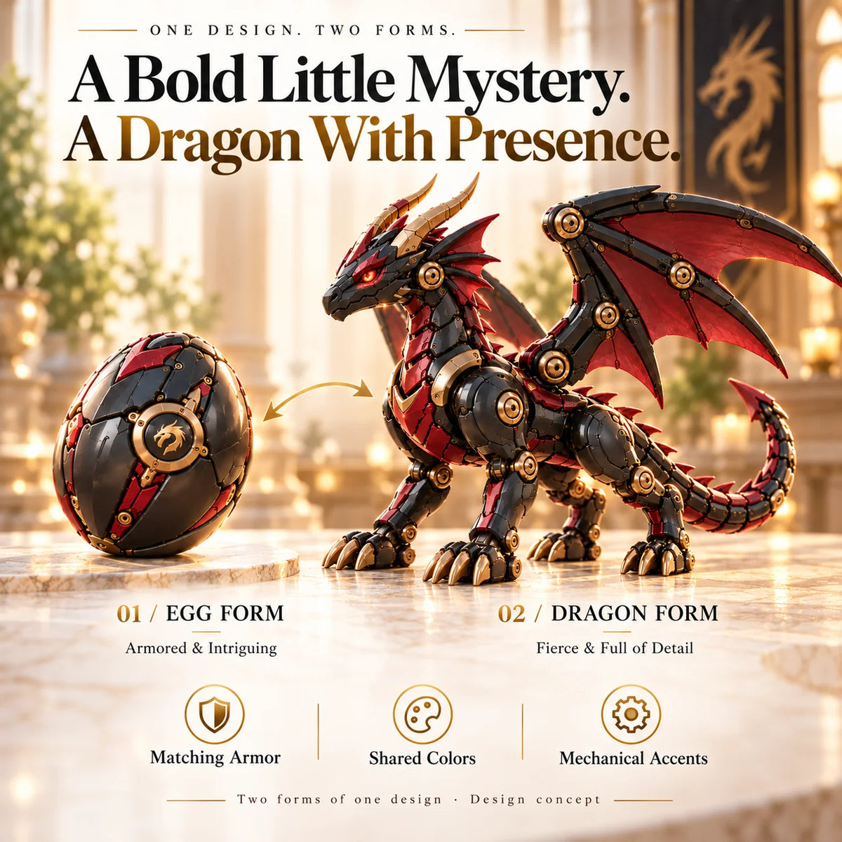 🔥last Day 49% Off -🐉 Mechanical Dragon Egg – Black & Crimson Dragon With Folding Wings & Armored Details