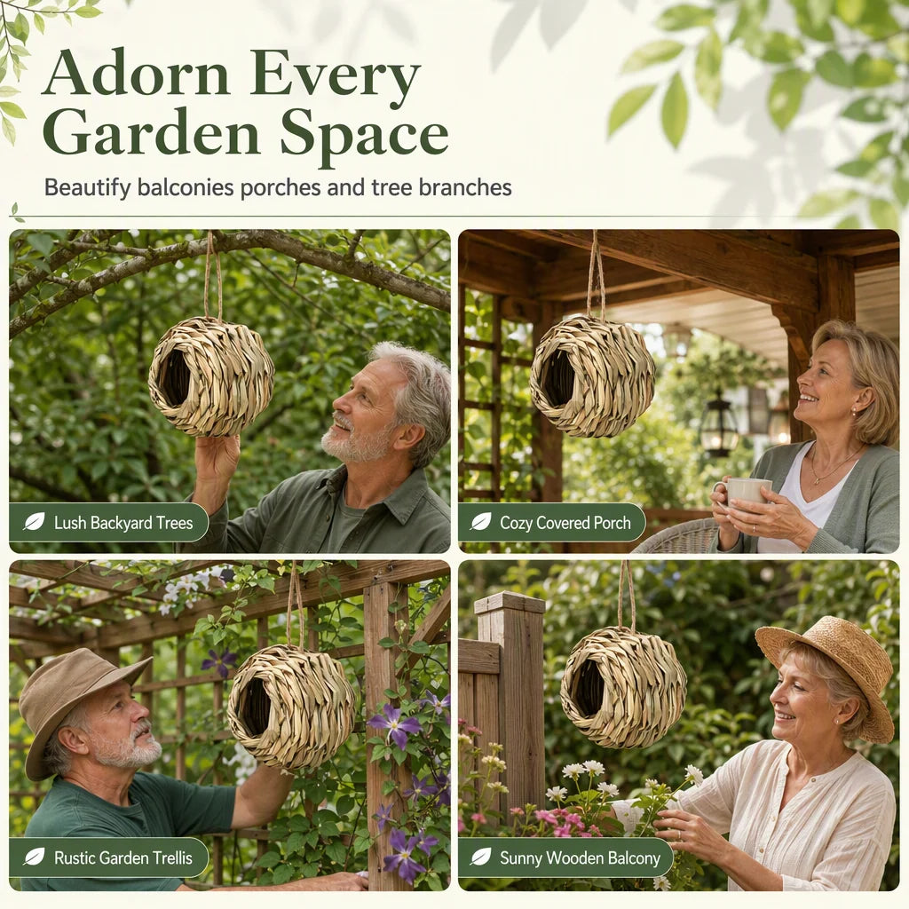 Handwoven Straw Spherical Bird Nest with Round Opening for Outdoor Garden and Yard Decoration