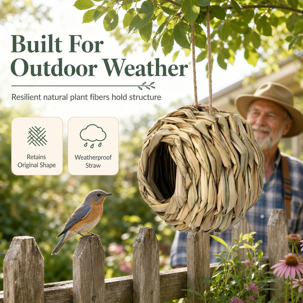 Handwoven Straw Spherical Bird Nest with Round Opening for Outdoor Garden and Yard Decoration