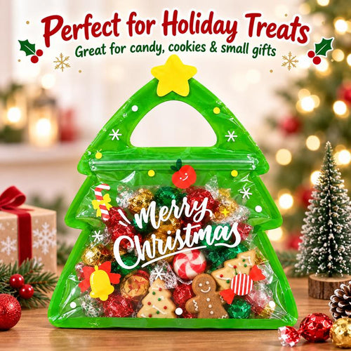 Christmas Tree Resealable Candy Bags with Handles (15/30 Pcs) – Holiday Party Favor & Cookie Pouch