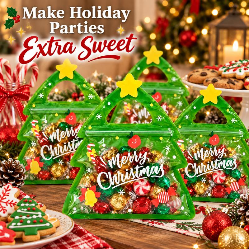 Christmas Tree Resealable Candy Bags with Handles (15/30 Pcs) – Holiday Party Favor & Cookie Pouch