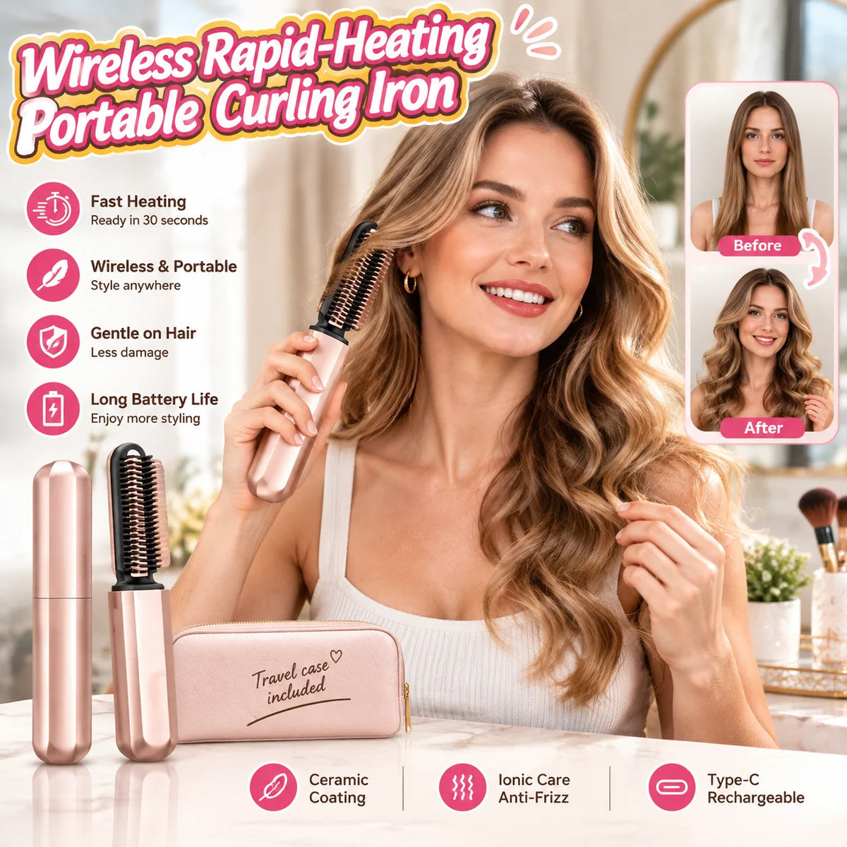 Hot Sale Wireless Rapid-Heating Portable Curling Iron❤️Always kept in a woman's small bag