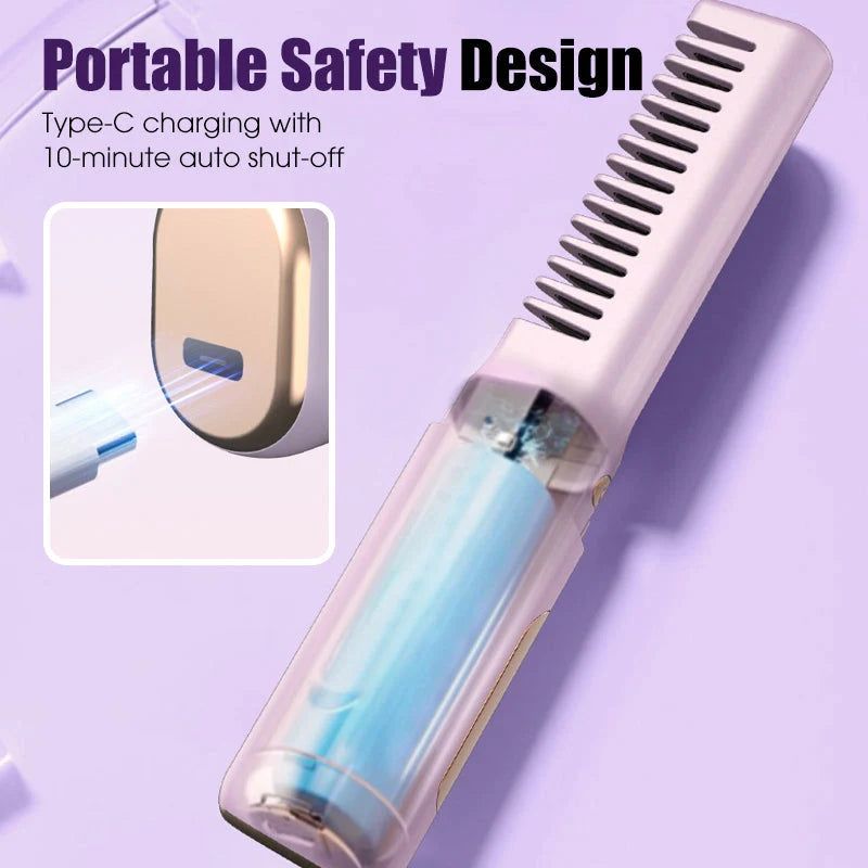 💇‍♀️ Cordless Hair Straightener Comb: 3 Heat Settings, 30s Fast Heat, Auto Shut-Off