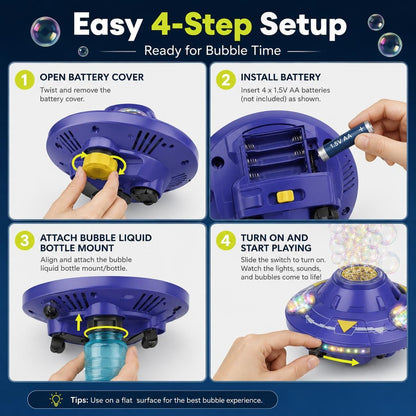 🎉Flying Saucer Bubble Maker for Kids, Automatic Rotating Bubble Blower with Lights, Music