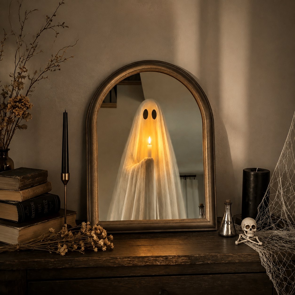 👻 Halloween Ghost Mirror with LED Candlelight Effect 🕯️