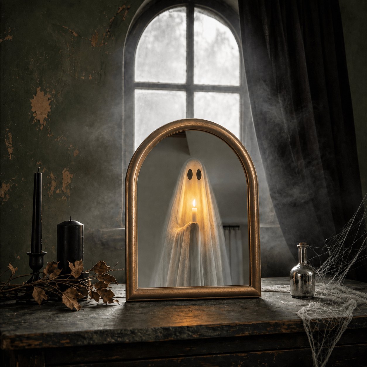 👻 Halloween Ghost Mirror with LED Candlelight Effect 🕯️