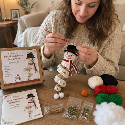 ☃️Crochet Snowman Spiral Ornament DIY Kit | Complete Beginner-Friendly Set with Soft Yarn, Crochet Hook, Festive Beads, Snowflakes & Step-by-Step Guide 🧶🎄✨