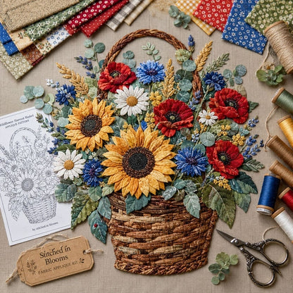 🔥HOT SALE🔥🌸🧵 Premium Floral Basket Patchwork DIY Kit | High-Quality Layered Fabric Bouquet with Raised Petals & Woven Basket Details ✨