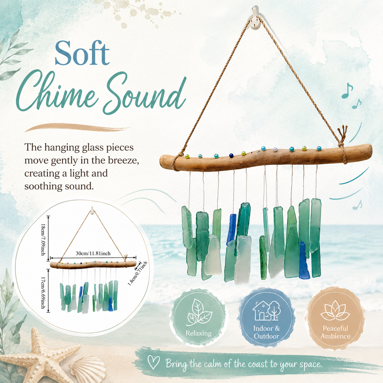 🌊Handmade Sea Glass Driftwood Wind Chimes