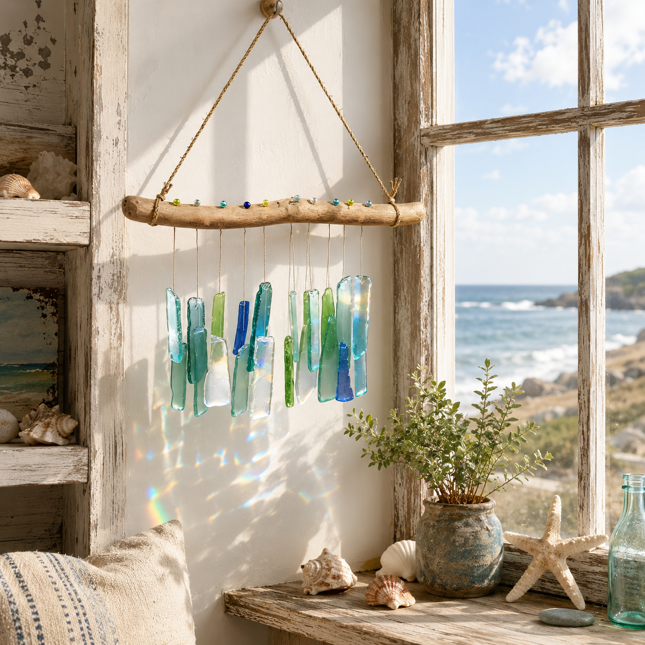 🌊Handmade Sea Glass Driftwood Wind Chimes