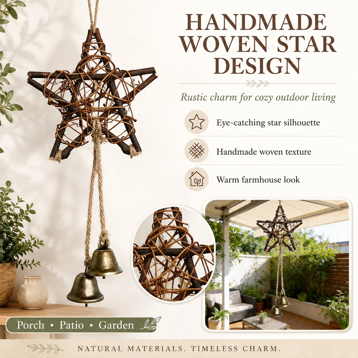🔥 50% OFF Today – Rustic Woven Star Wind Chime | Handmade Porch & Garden Decor