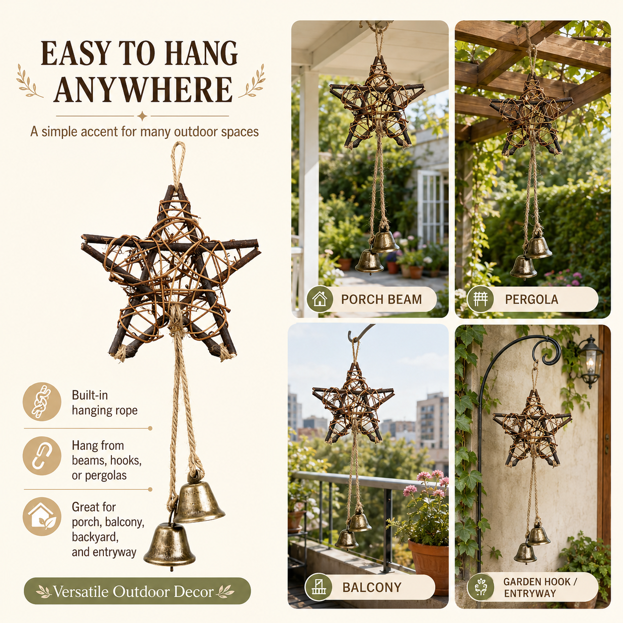 🔥 50% OFF Today – Rustic Woven Star Wind Chime | Handmade Porch & Garden Decor