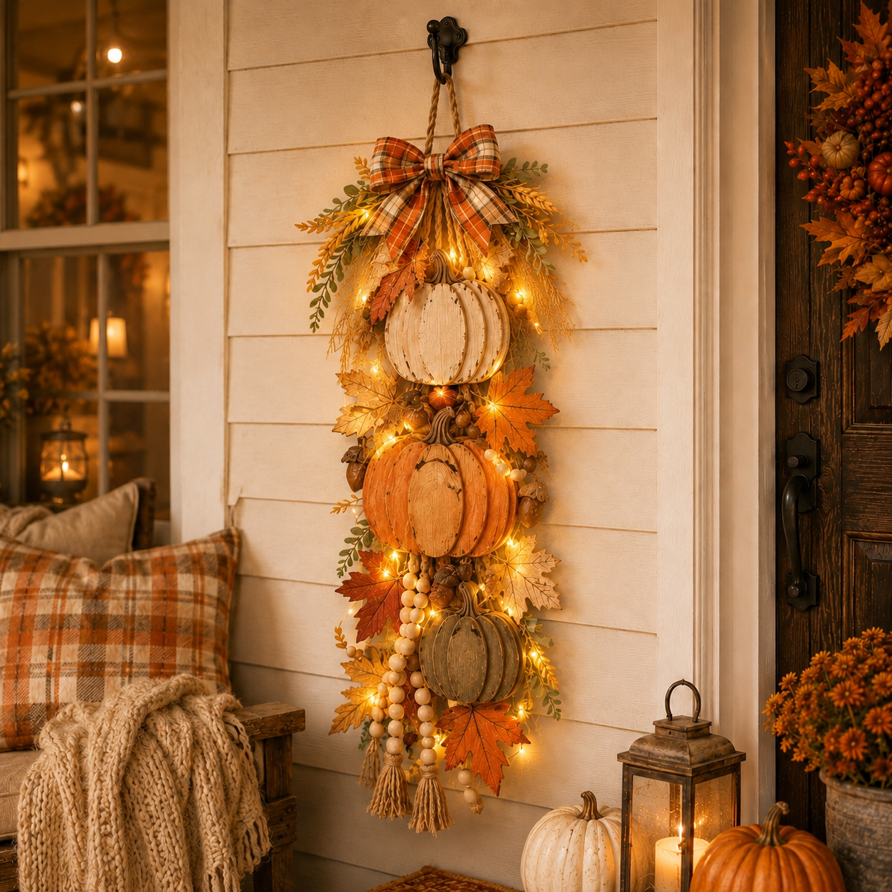 🎃Rustic Wooden Pumpkin Door Hanging with Warm LED Lights✨