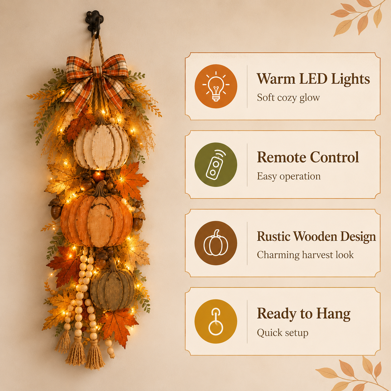 🎃Rustic Wooden Pumpkin Door Hanging with Warm LED Lights✨