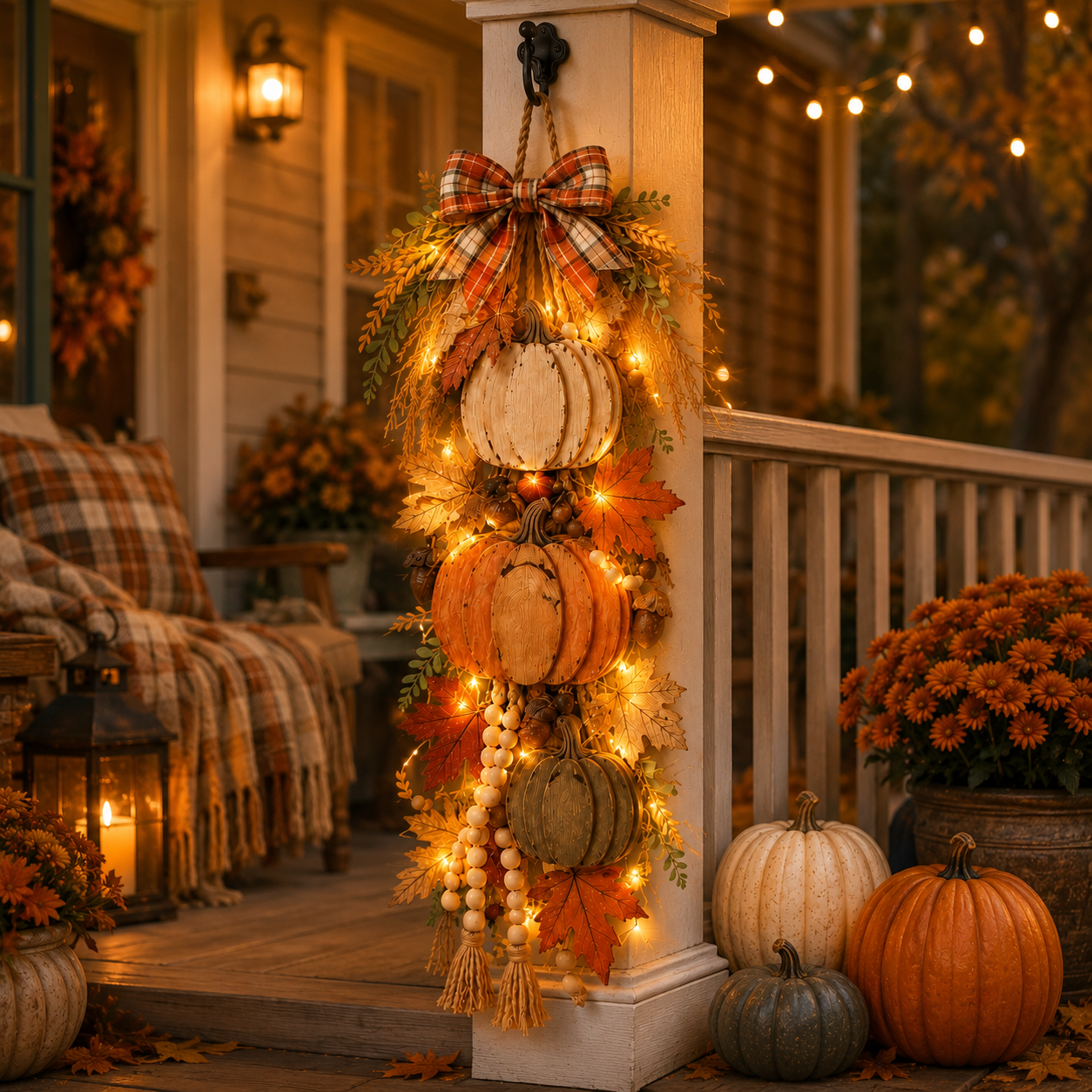 🎃Rustic Wooden Pumpkin Door Hanging with Warm LED Lights✨