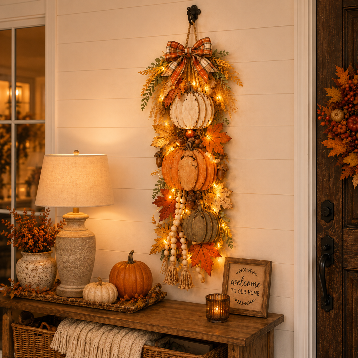 🎃Rustic Wooden Pumpkin Door Hanging with Warm LED Lights✨
