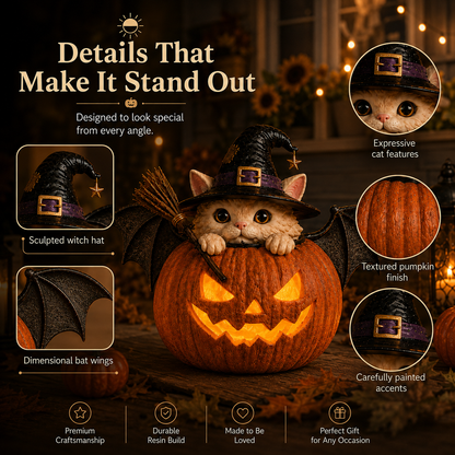 Summerween Lighted Witch Cat Pumpkin Decor with Flickering LED Timer