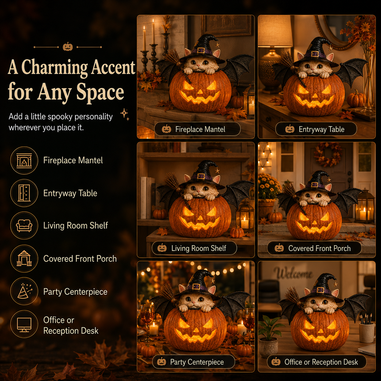 Summerween Lighted Witch Cat Pumpkin Decor with Flickering LED Timer