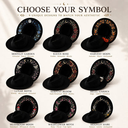 Embroidered Wide Brim Western Hat — Hidden Under-Brim Art, 9 Mystical Designs