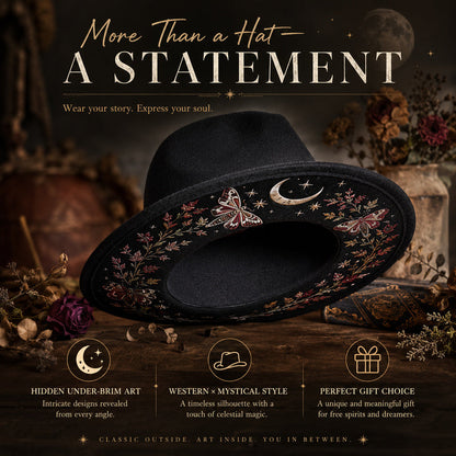 Embroidered Wide Brim Western Hat — Hidden Under-Brim Art, 9 Mystical Designs