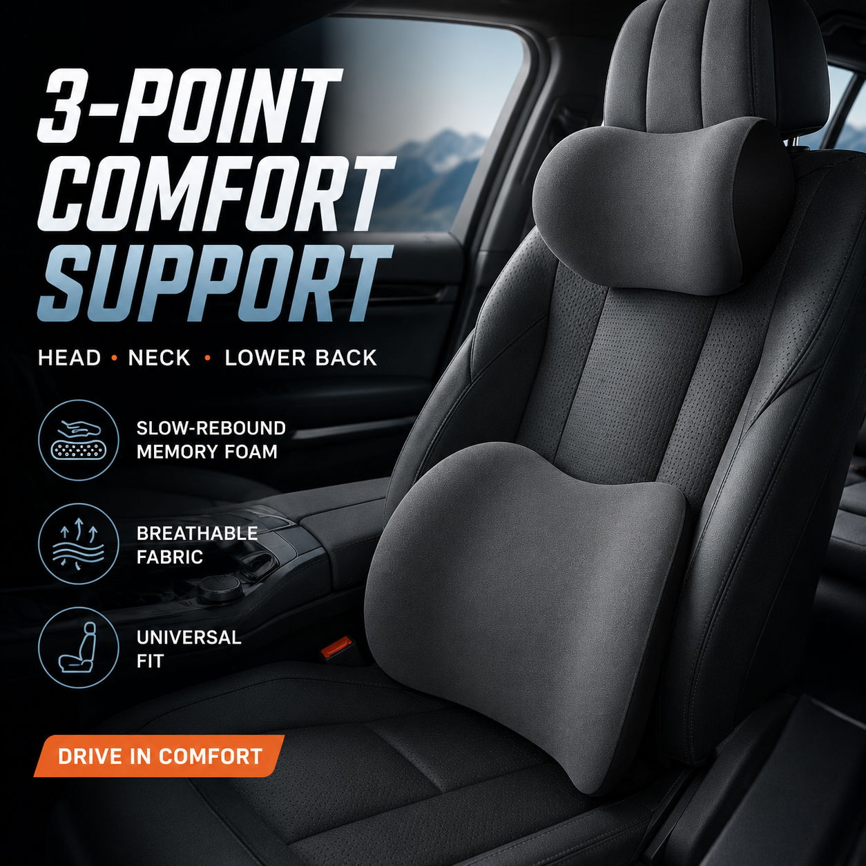 Car Neck & Lumbar Support Pillow Set – Memory Foam Headrest & Lower Back Cushion for Comfortable Driving