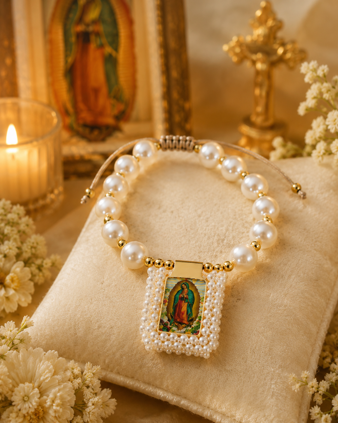 Virgin of Guadalupe Pearl Bracelet – Adjustable Handmade Faith Jewelry