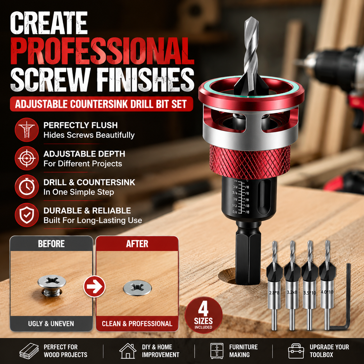 🔩 Adjustable Countersink Drill Bit Set | Professional Woodworking Screw Finishing Tool