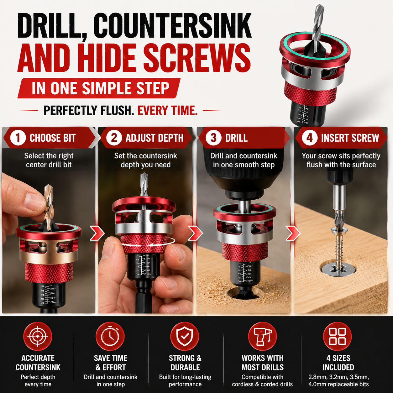 🔩 Adjustable Countersink Drill Bit Set | Professional Woodworking Screw Finishing Tool
