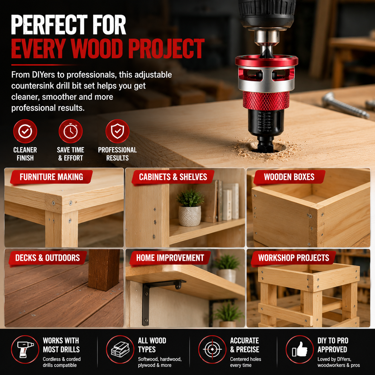🔩 Adjustable Countersink Drill Bit Set | Professional Woodworking Screw Finishing Tool