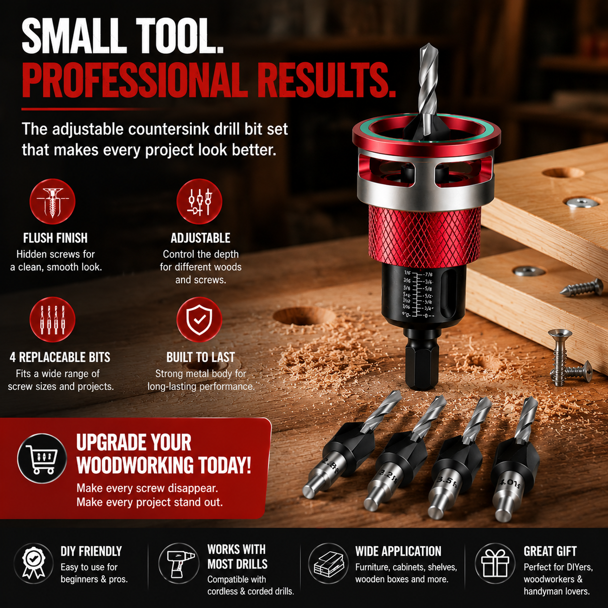 🔩 Adjustable Countersink Drill Bit Set | Professional Woodworking Screw Finishing Tool