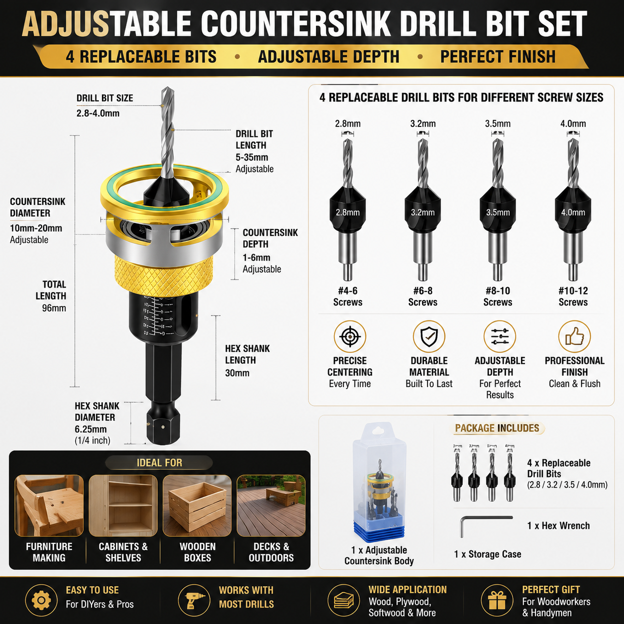 🔩 Adjustable Countersink Drill Bit Set | Professional Woodworking Screw Finishing Tool