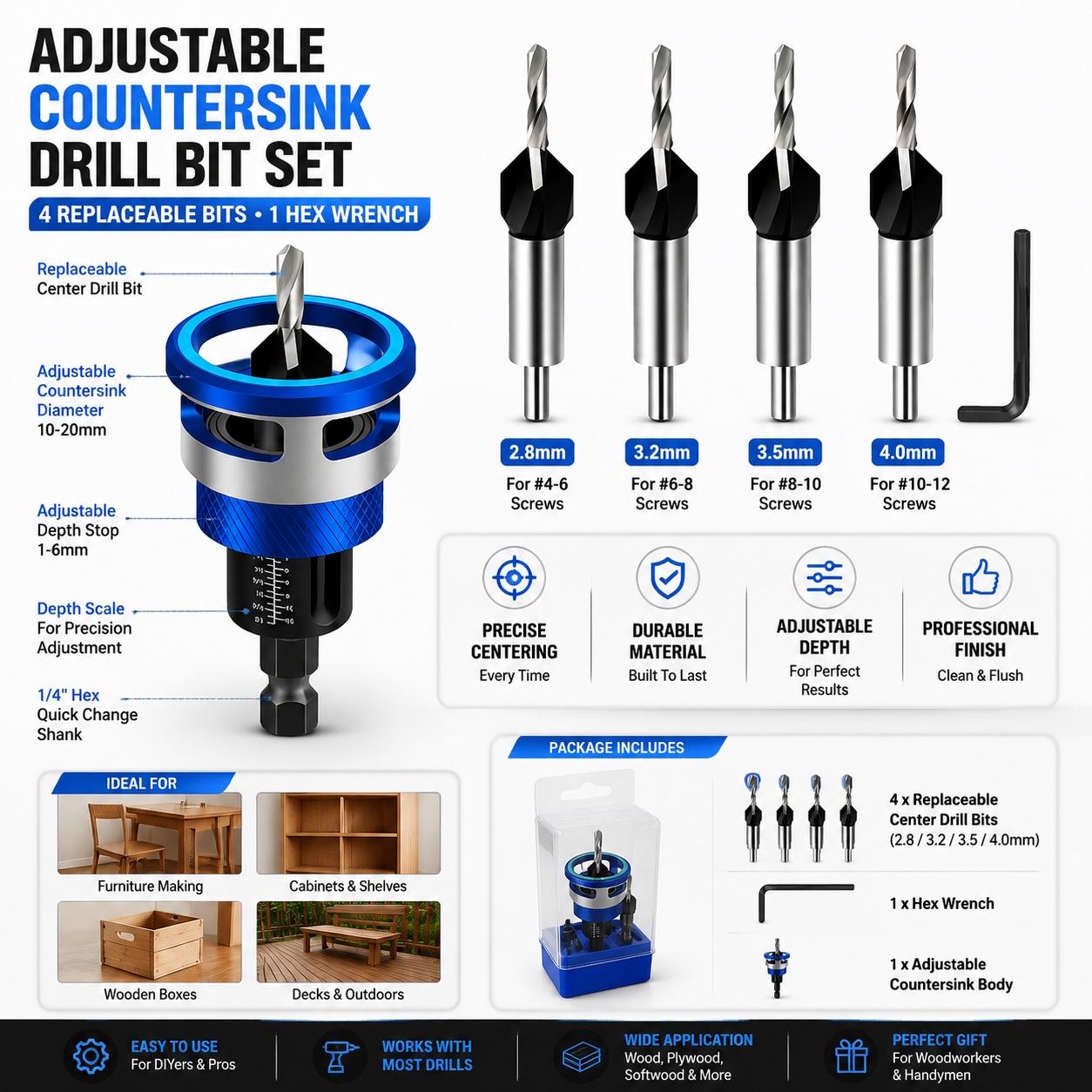🔩 Adjustable Countersink Drill Bit Set | Professional Woodworking Screw Finishing Tool