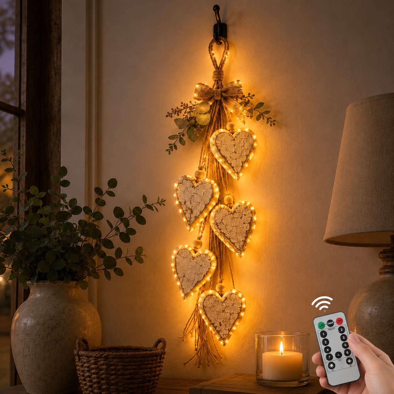 Rustic Hanging Heart Wall Decor with Optional Warm Lights