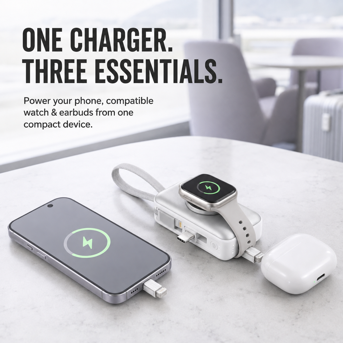 5000mAh 3-in-1 Mini Power Bank | Built-In Dual Connectors + Watch Charger + Phone Stand