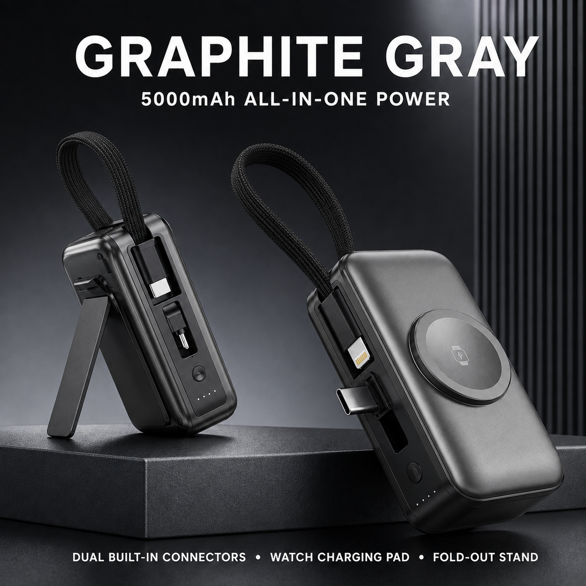 5000mAh 3-in-1 Mini Power Bank | Built-In Dual Connectors + Watch Charger + Phone Stand