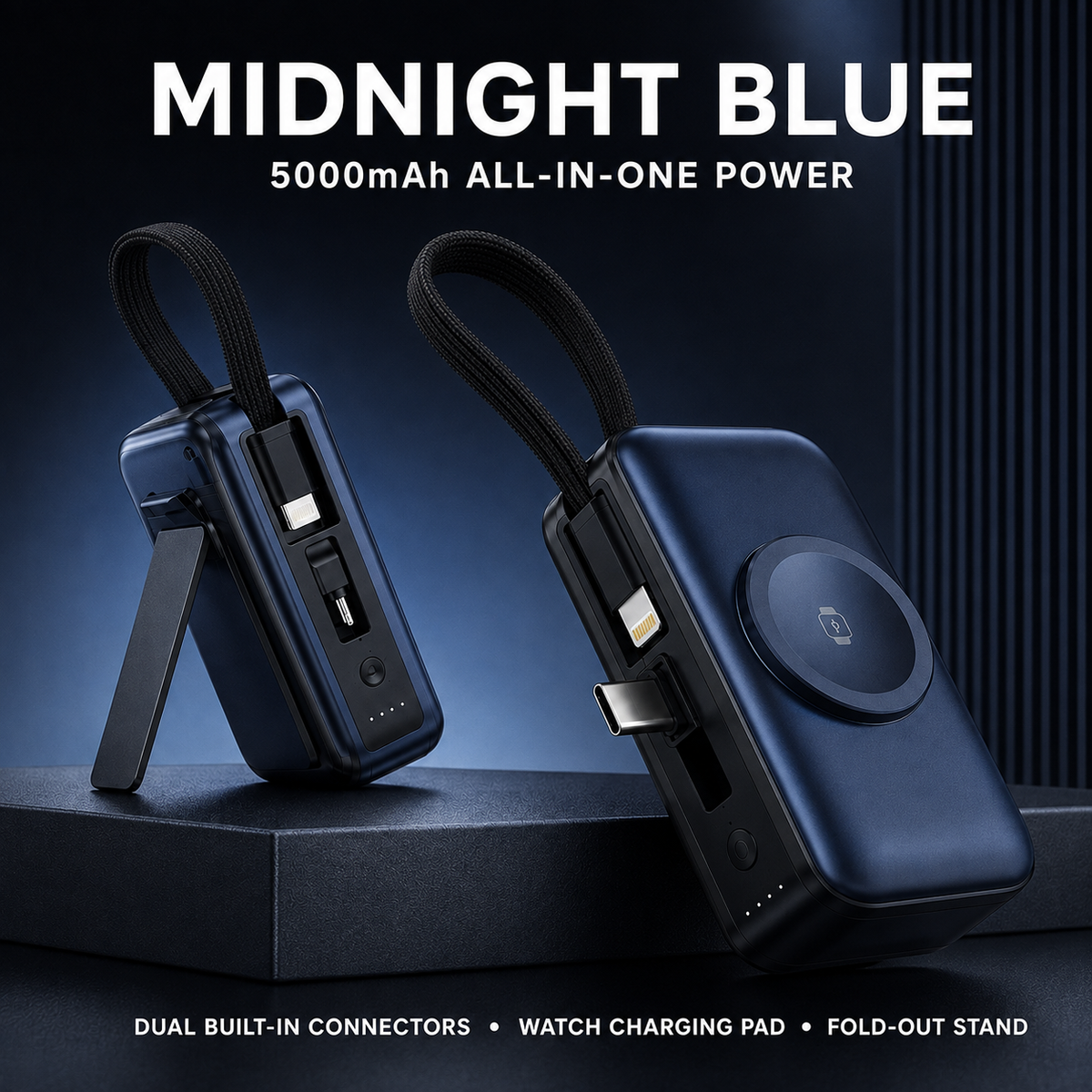 5000mAh 3-in-1 Mini Power Bank | Built-In Dual Connectors + Watch Charger + Phone Stand