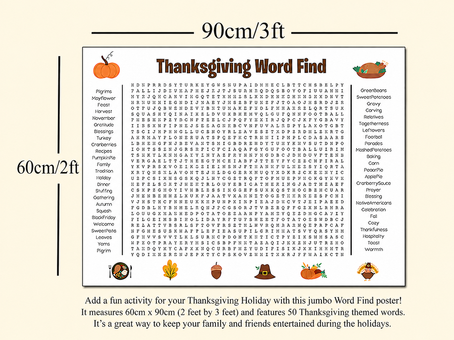 🎉 Jumbo Thanksgiving Word Search Poster(🎉Giant 36"x24" Wall Game)