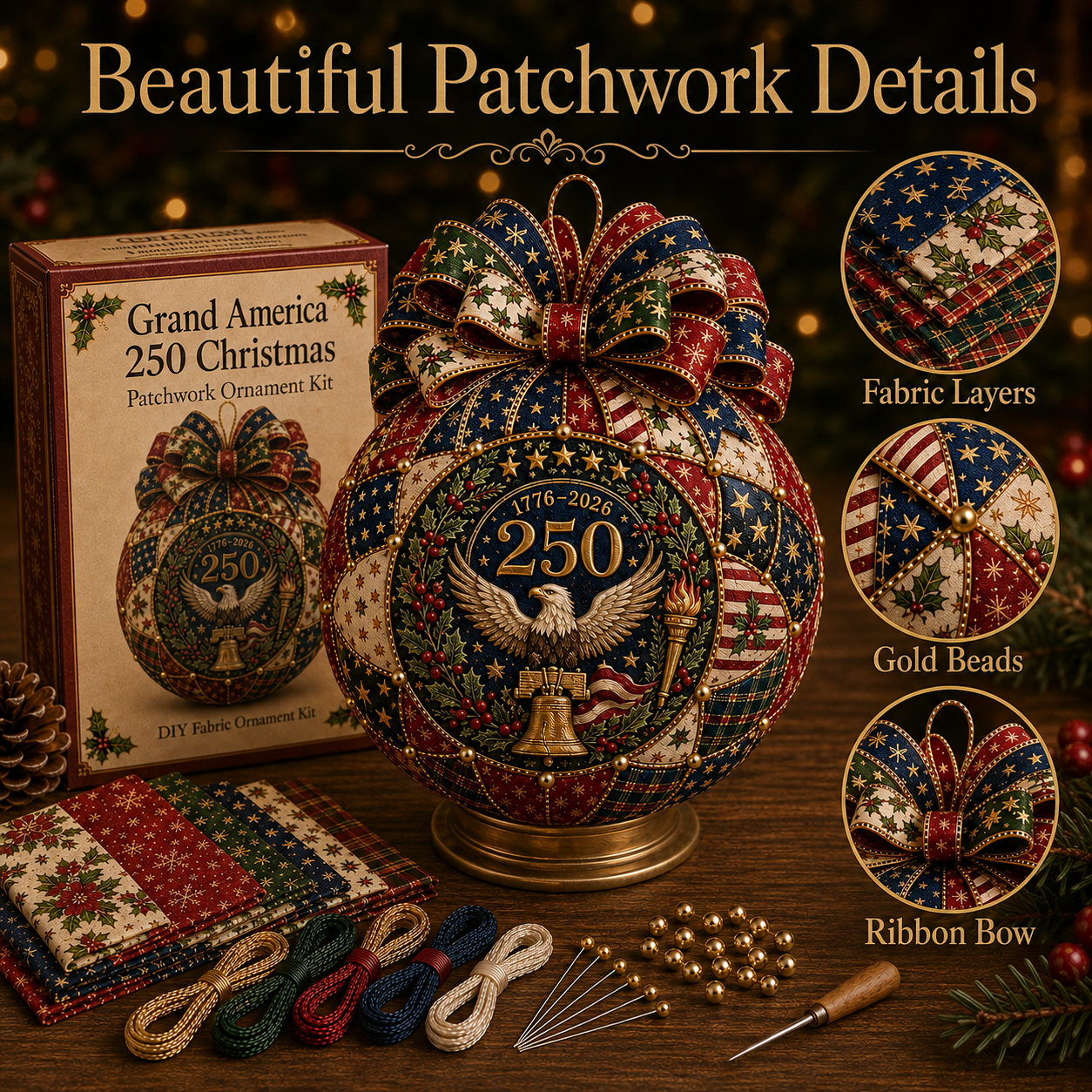 🇺🇸❤️Beginner-Friendly🎄 USA Christmas Patchwork Ornament DIY Kit