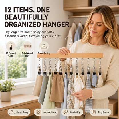 Wooden Hat Organizer, 12 Clip Wall Hanger for Caps & Clothing