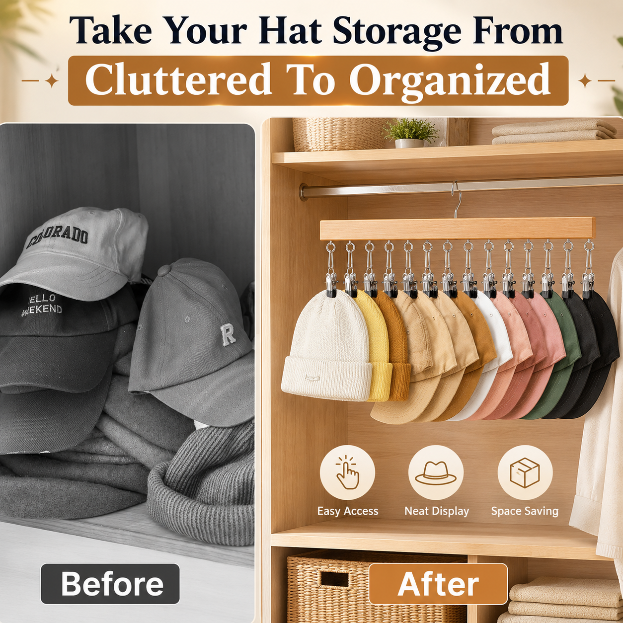Wooden Hat Organizer, 12 Clip Wall Hanger for Caps & Clothing
