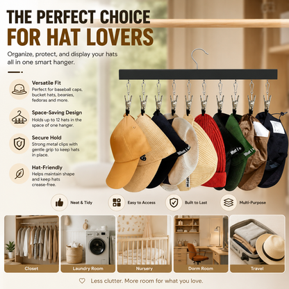 Wooden Hat Organizer, 12 Clip Wall Hanger for Caps & Clothing